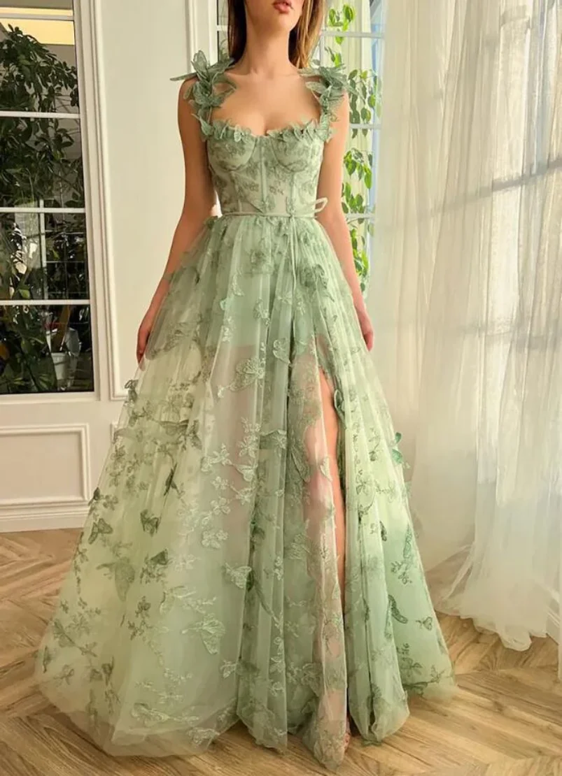 Robe de soirée trapèze en tulle vert gazon, décolleté en cœur, effet 3D, décolleté en V, fente haute, robe de bal, robe de fête d'anniversaire