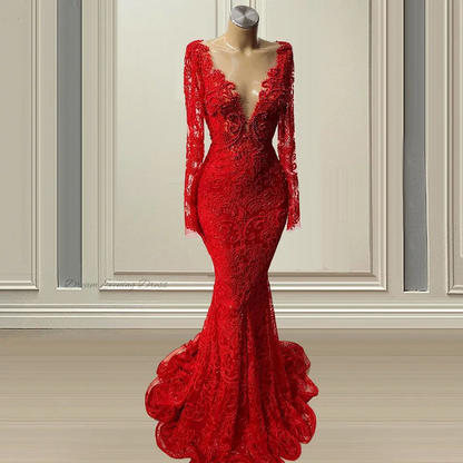 Vestido de noite Dream elegante, decote em V profundo, mangas compridas, vermelho bufante, vestidos de festa com apliques de sereia e contas para mulheres