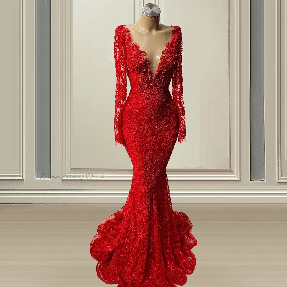 Dream Evening Dress Elegant Deep V-Neck Long Sleeves Buffle Red Porm Dresses Mermaid Applique Beaded Party Gowns For Women
