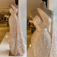 Luxury Champagne Mermaid Arab Dubai Evening Dresses Sequin Beaded One Shoulder Long Sleeve Feather Porm Dress vestidos de noche