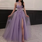 Sweet Light Purple A-line Dress Decal Beaded One Shoulder Sleeve Sequins Side Split Prom Evening Gowns Birthday Party Dresses