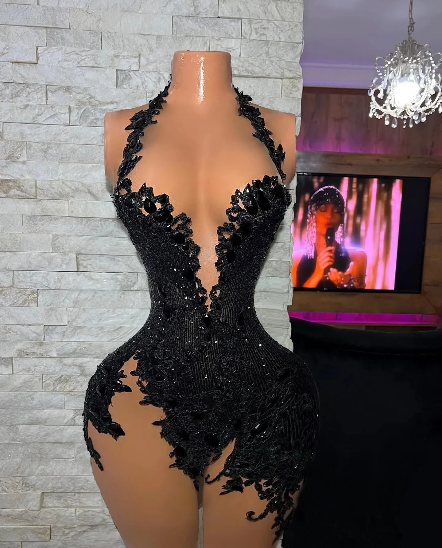 Black Short Prom Dresses For African Women 2023 Sexy V-neck Applique Lace Party Gowns Sleeveless Vestido De Cocktail Dress