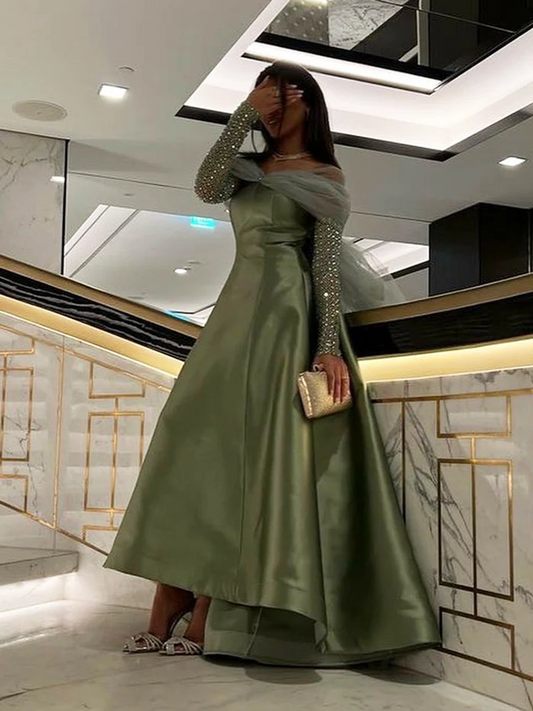 Elegante vestido de noche de satén con hombros descubiertos, mangas largas y brillantes en color cian, con lazo, estilo árabe, para fiesta de graduación y ocasiones formales.