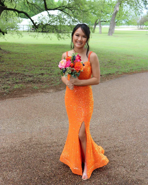 Vestido longo de baile elegante sereia com lantejoulas laranja e vestidos formais para noite