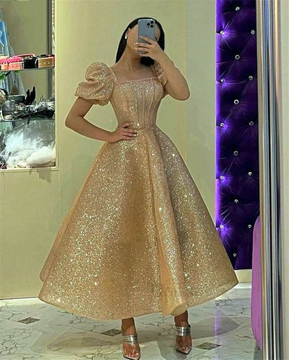 Vestidos de baile com lantejoulas e glitter champanhe, mangas curtas bufantes, decote quadrado, comprimento até o tornozelo, linha A, vestidos formais para noite