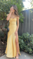 Spaghetti Strps Yellow Slit Long Prom Dress