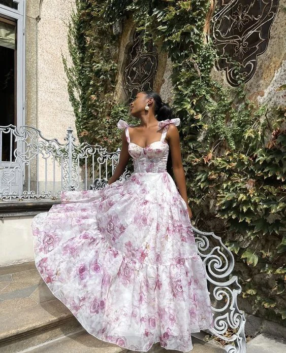 Lindo vestido de fiesta de gasa con estampado floral, vestido de noche para mayores