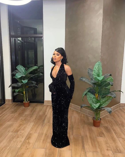 Vestido de noche formal de sirena con lentejuelas negras Vestido de fiesta para niña negra