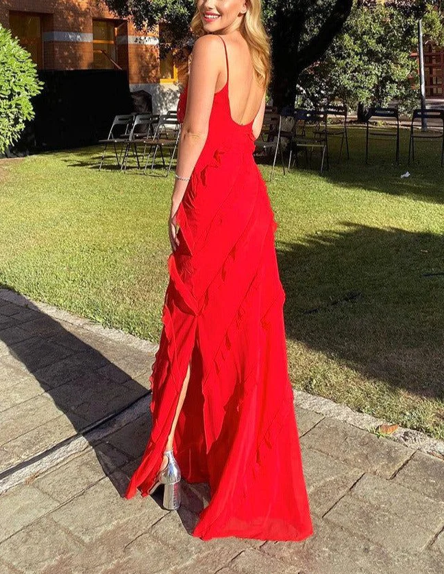 Vestido de festa sexy com costas nuas, babados e fenda em chiffon preto