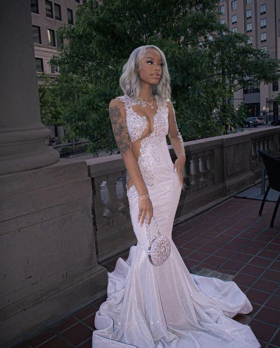 Shining Silver Mermaid Long Sleeves Prom Dress