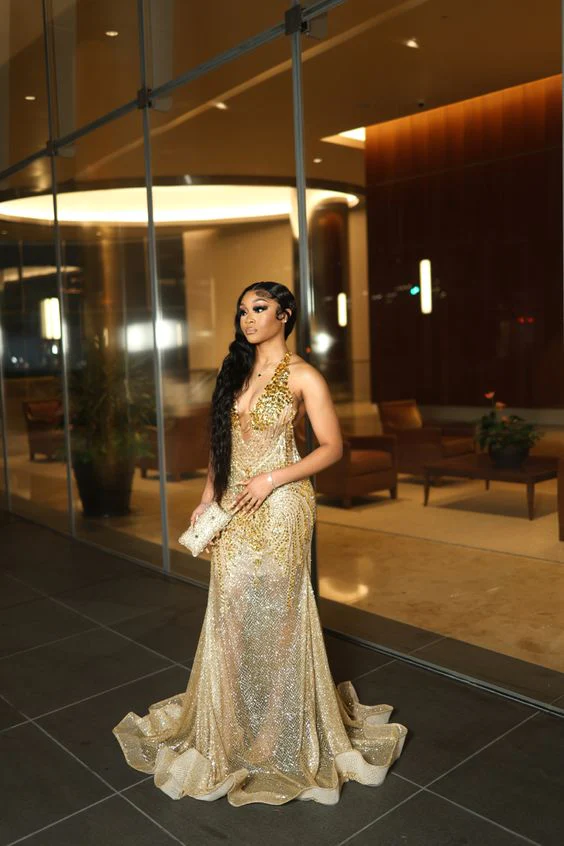 Gold Beaded Sequin Mermaid Prom Dress Evening Dress