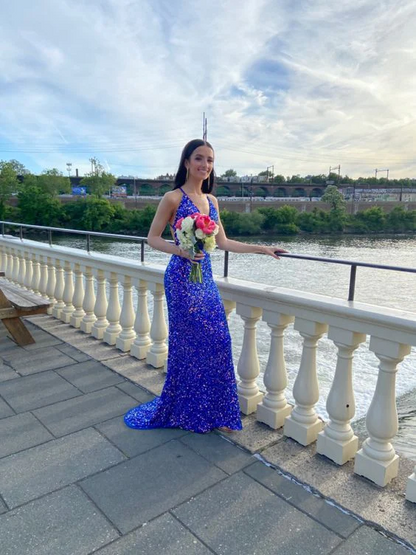 Vestido de noche largo tipo sirena con lentejuelas azul real brillante