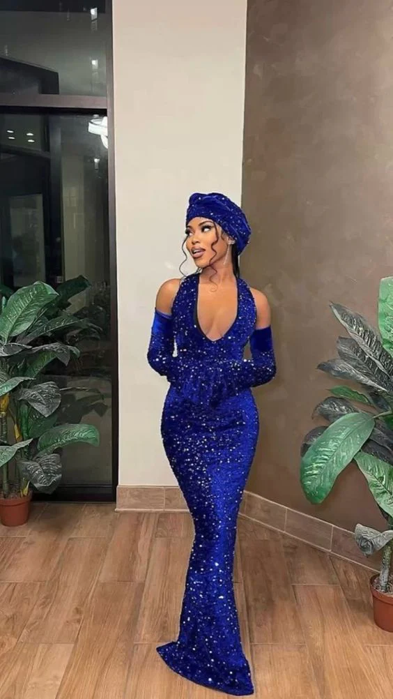 Robe de bal sirène à paillettes bleu royal, longueur au sol, noire, pour fille
