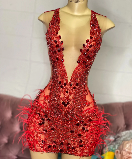 Red Sexy Sheer Feather Diamond Short Prom Dresses Black Girls Birthday Party Dresses African Mini Cocktail Dresses Homecoming