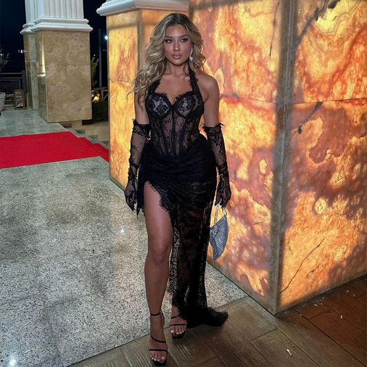 Sexy Black Lace Appliques Mermaid Prom Dresses for Black Girls Sweetheart Birthday Party Dress Illusion Evening Gowns