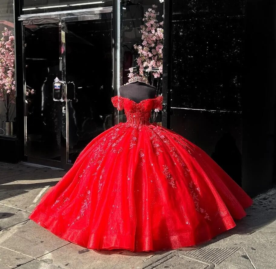 Red Princess Quinceanera Dresses Off Shoudler Sparkly Applique Corset vestido de festa 15 anos 2024
