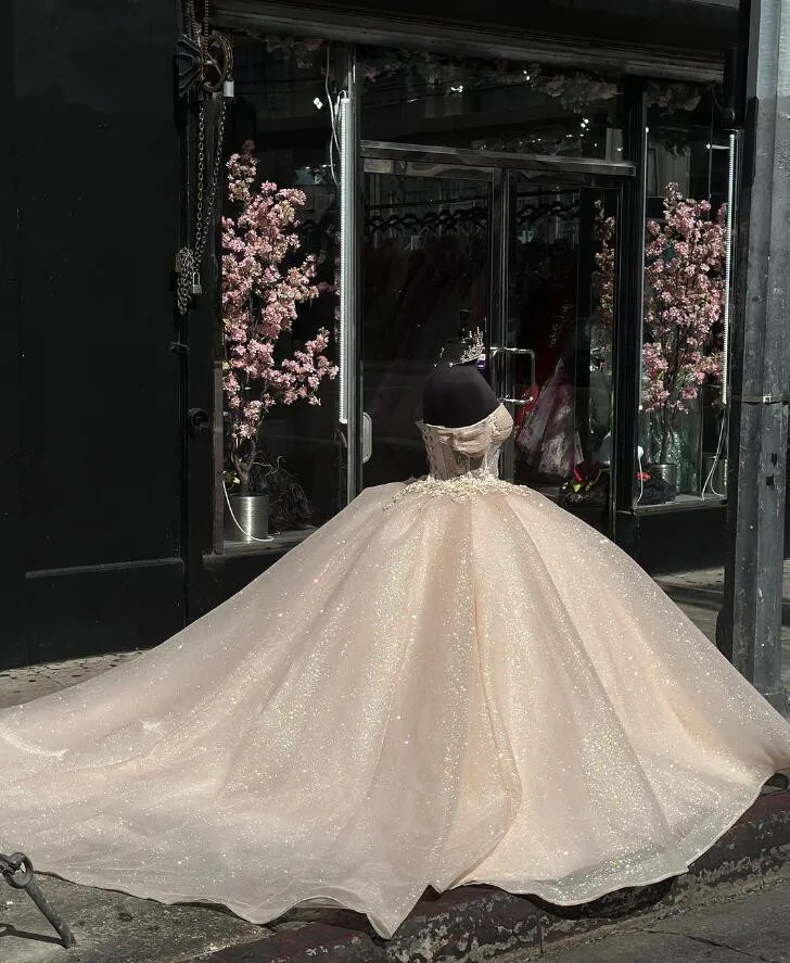 Champagne Sparkly Princess Quinceanera Dresses Off Shoulder Gillter Corset vestidos de 15 años quinceañeras Sweet 16 prom
