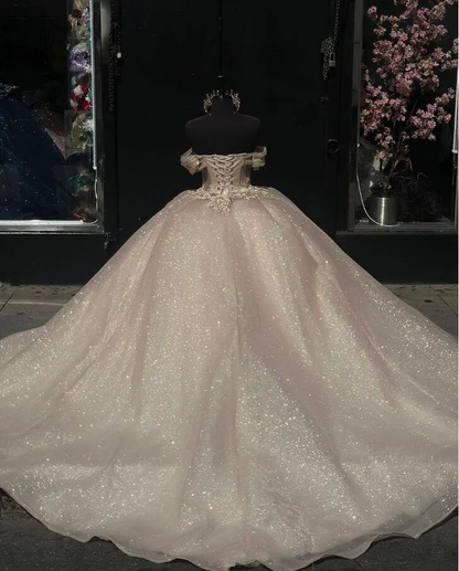 الشمبانيا سباركلي الأميرة فساتين Quinceanera قبالة الكتف جيلتر مشد فيستدوس دي 15 años quinceañeras الحلو 16 حفلة موسيقية