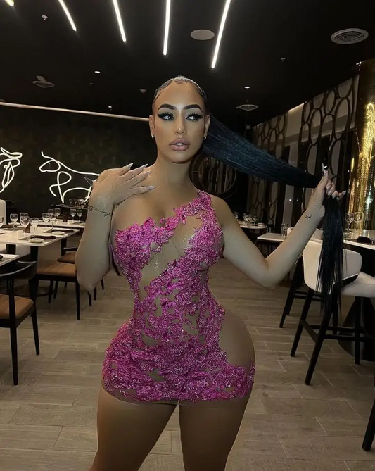 Vestido de cóctel corto de noche fucsia rosa con apliques de encaje y cristales transparentes para niña, vestido de fiesta de cumpleaños negro