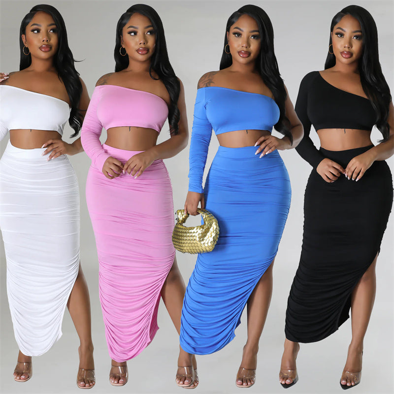 Conjunto de vestido longo de duas peças com top curto de um ombro só e saia longa franzida com fenda lateral para festival e elegantes roupas femininas