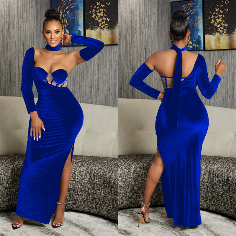 Vestido elegante de festa de aniversário, boate, natal, formal, manga longa, feminino, veludo, irregular, sem alças, vestidos de noite 