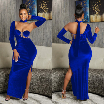 Vestido elegante de festa de aniversário, boate, natal, formal, manga longa, feminino, veludo, irregular, sem alças, vestidos de noite 