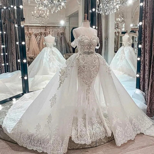 Luxury White Mermaid Wedding Dresses with Detachable Train Lace Applqiue Robe De Mariée Princess Bridal Gowns vestido de noiva