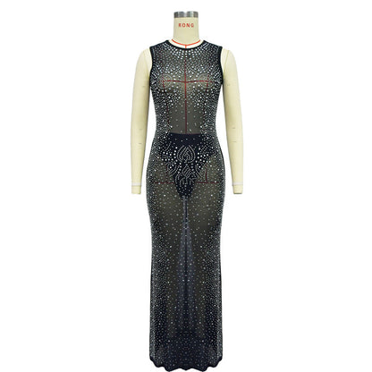 Vestido longo justo com cristais brilhantes e strass para noite de Natal, de malha transparente, para mulheres, para aniversário 