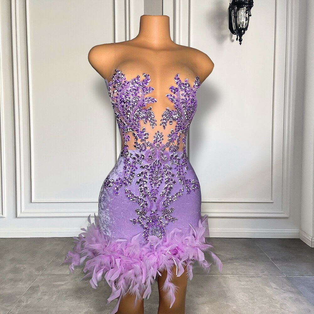 Gorgeous Sexy Sheer Mesh Beaded Embroidery Women Birthday Party Gowns Feather Lavender Black Girl Short Prom Dresses 2023