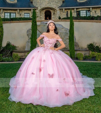 Robe de bal princesse lilas, robe de Quinceanera, épaules dénudées, appliques papillon