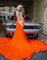 Sexy Orange Sheer O Neck Long Prom Dress For Black Girls 2023 Beaded Crystal Split Birthday Party Evening Gowns