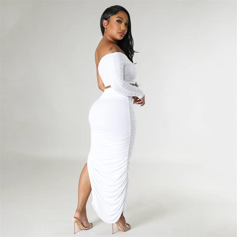 Conjunto de vestido longo de duas peças com top curto de um ombro só e saia longa franzida com fenda lateral para festival e elegantes roupas femininas