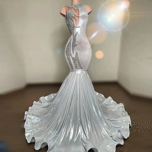 Vestidos de fiesta de sirena con lentejuelas plateadas para mujeres africanas, vestidos de noche con cuentas, atuendo Luruxry, ropa de fiesta para mujeres