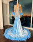 2023 Blue Velvet Mermaid Luxurious Prom Dresses Beaded Crystals Feather Evening Formal Party Second Reception Birthday Party