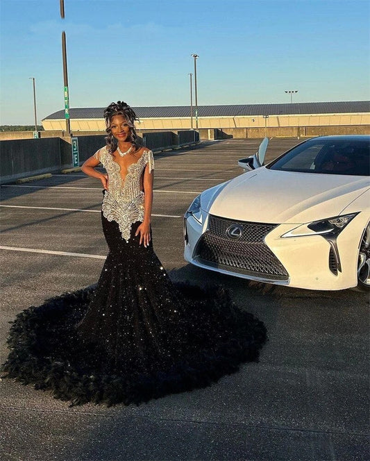 Elegante vestido de fiesta largo de sirena con lentejuelas negras para chicas negras, con plumas, lentejuelas brillantes y borlas de cuentas, para fiesta de cumpleaños. 
