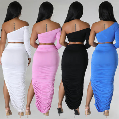 Conjunto de vestido longo de duas peças com top curto de um ombro só e saia longa franzida com fenda lateral para festival e elegantes roupas femininas