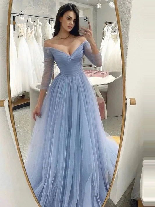 Light Blue Off Shoulder Prom Dresses V-Neck Simple Tulle A-Line Evening Gowns Long Sleeves Bridesmaid Dress for Wedding 2023