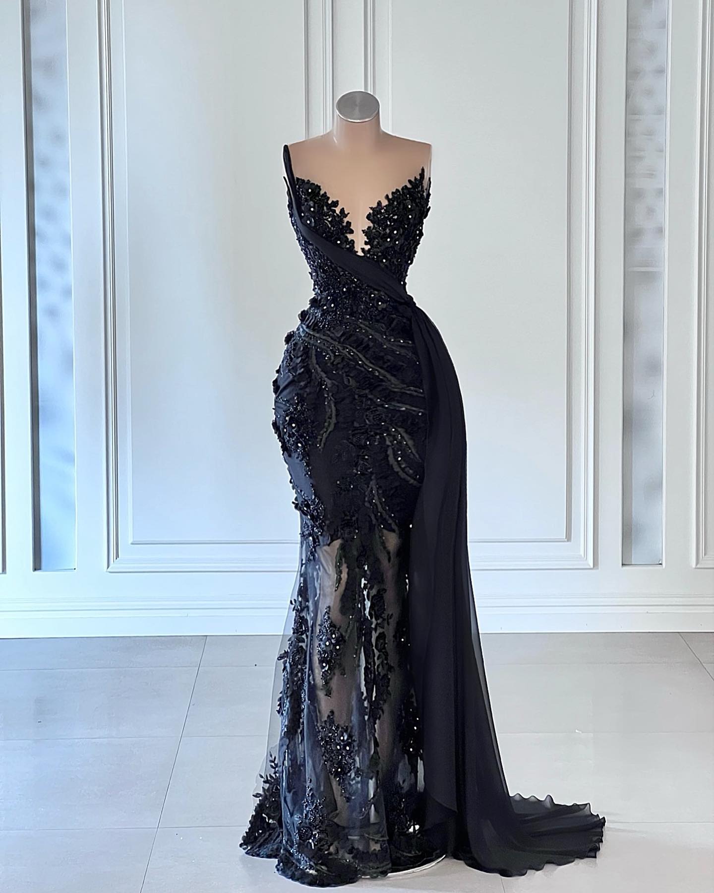 V-Neck Black Elegant Mermaid Prom Dress Sequined Lace Appliques Formal Evening Gowns Illusion Tulle Custom Made Vestido De Novia
