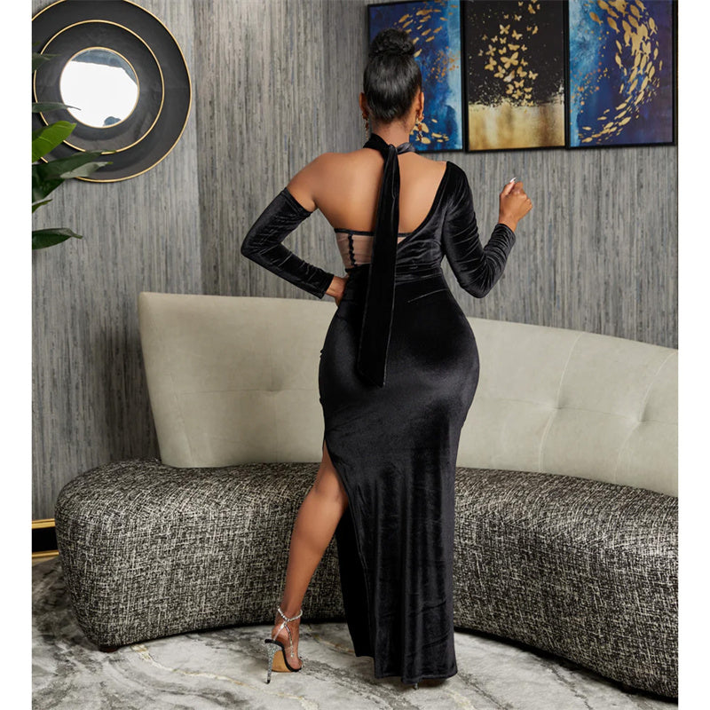 Vestido elegante de festa de aniversário, boate, natal, formal, manga longa, feminino, veludo, irregular, sem alças, vestidos de noite 