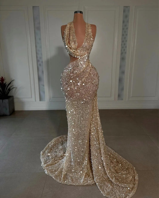 Vestidos de fiesta de sirena con lentejuelas brillantes, cuello halter en V y cuentas, vestidos formales de noche para desfiles 