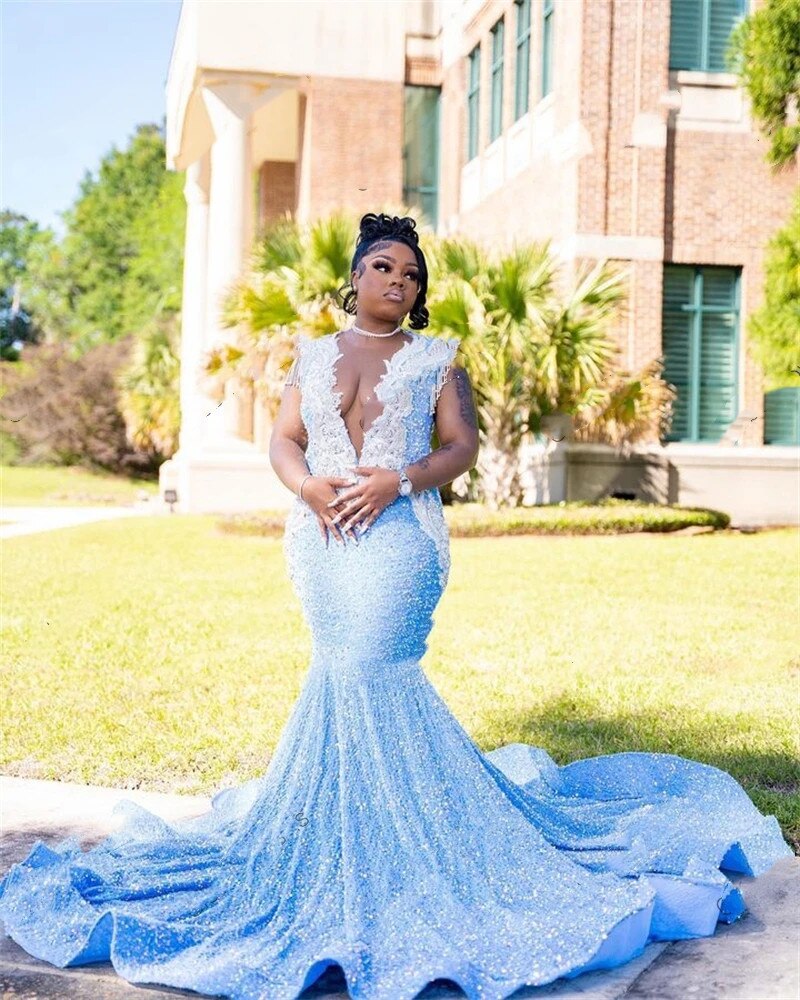 Sky Blue Sheer O Neck Long Prom Dress For Black Girls 2023 Appliques Birthday Party Dresses Sequined Mermaid Evening Gowns