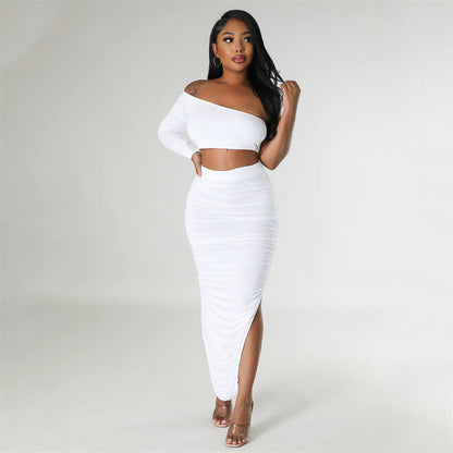 Conjunto de vestido longo de duas peças com top curto de um ombro só e saia longa franzida com fenda lateral para festival e elegantes roupas femininas