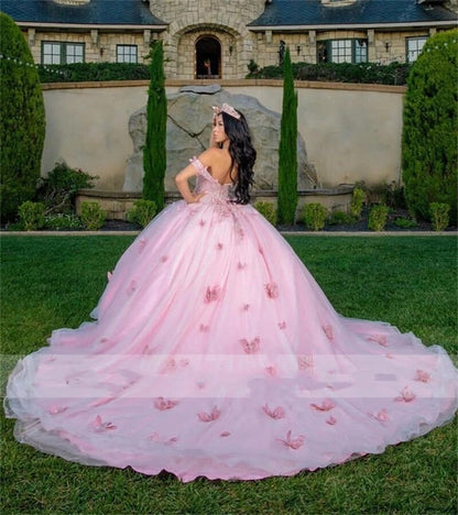 Robe de bal princesse lilas, robe de Quinceanera, épaules dénudées, appliques papillon