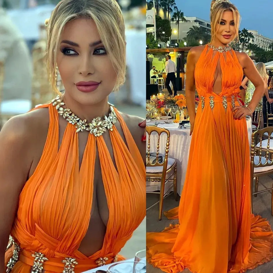 Sexy Orange Chiffon A Line Prom Party Dresses For Women High Neck With Sparkly Beaded Floor Length Formal Birthday Evening Gowns