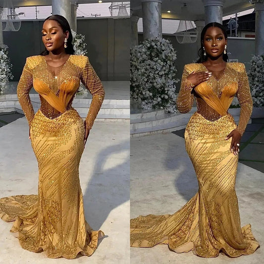 Elegante vestido de fiesta de sirena con lentejuelas doradas, joya, mangas largas, apliques de cuentas, volantes, talla grande, cremallera, vestido de noche capilla 